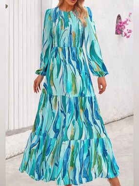 #40 Pretty Garden Tiered Maxi Dress in Aqua Multi